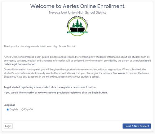 Aeries online enrollment screen